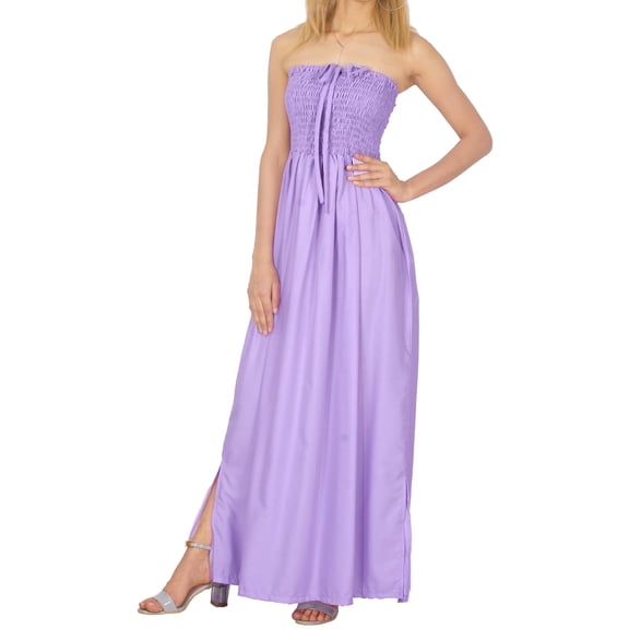 HAPPY BAY Women's Beach Summer Solid Smocked Top Maxi Evening Slit Dress Casual Strapless Tube Dresses for Women One Size Lavender, Solid