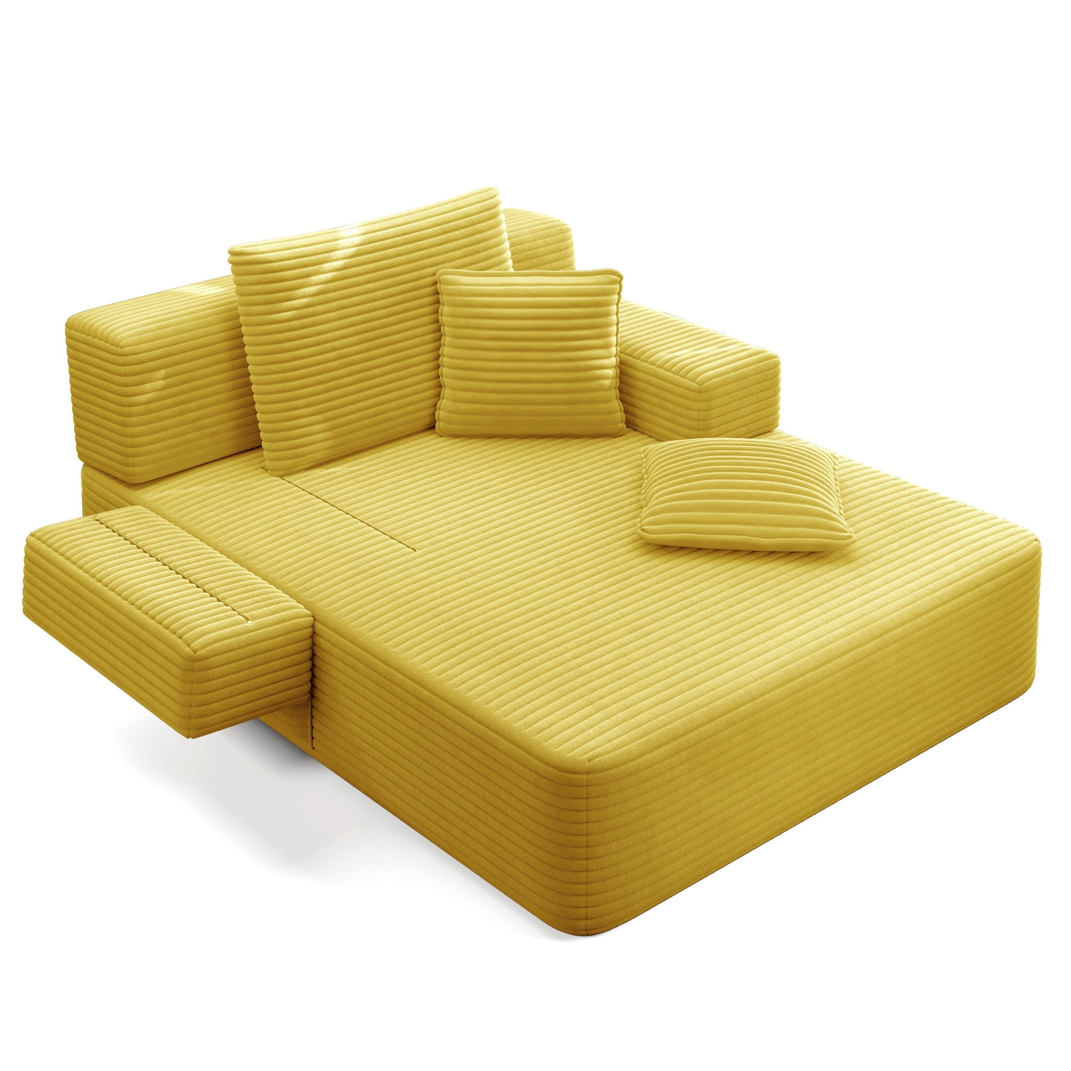 Aukfa Oversized Corduroy Chaise Lounge Chair, Convertible Boneless Sleeper Sofa Bed with 3 Pillows&Storage Pockets, Yellow