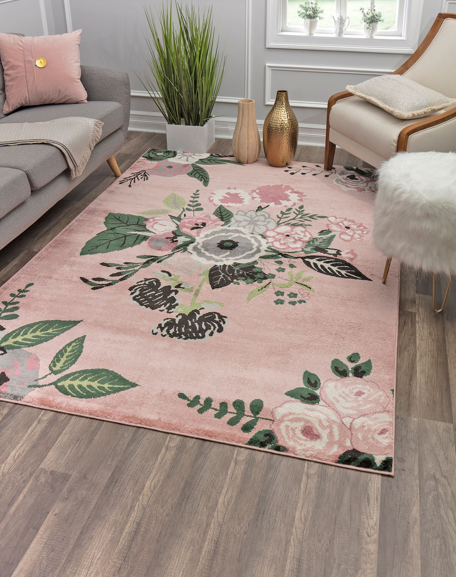 Rugs America Hanna VA40D Rose Garden Pink Floral Transitional Pink Area Rug, 5'x7'