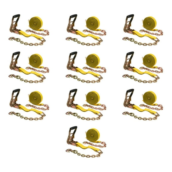 (10 Pack) 2" x 30' Ratchet Straps w/Chain, WLL 3400 Tie Down Strap