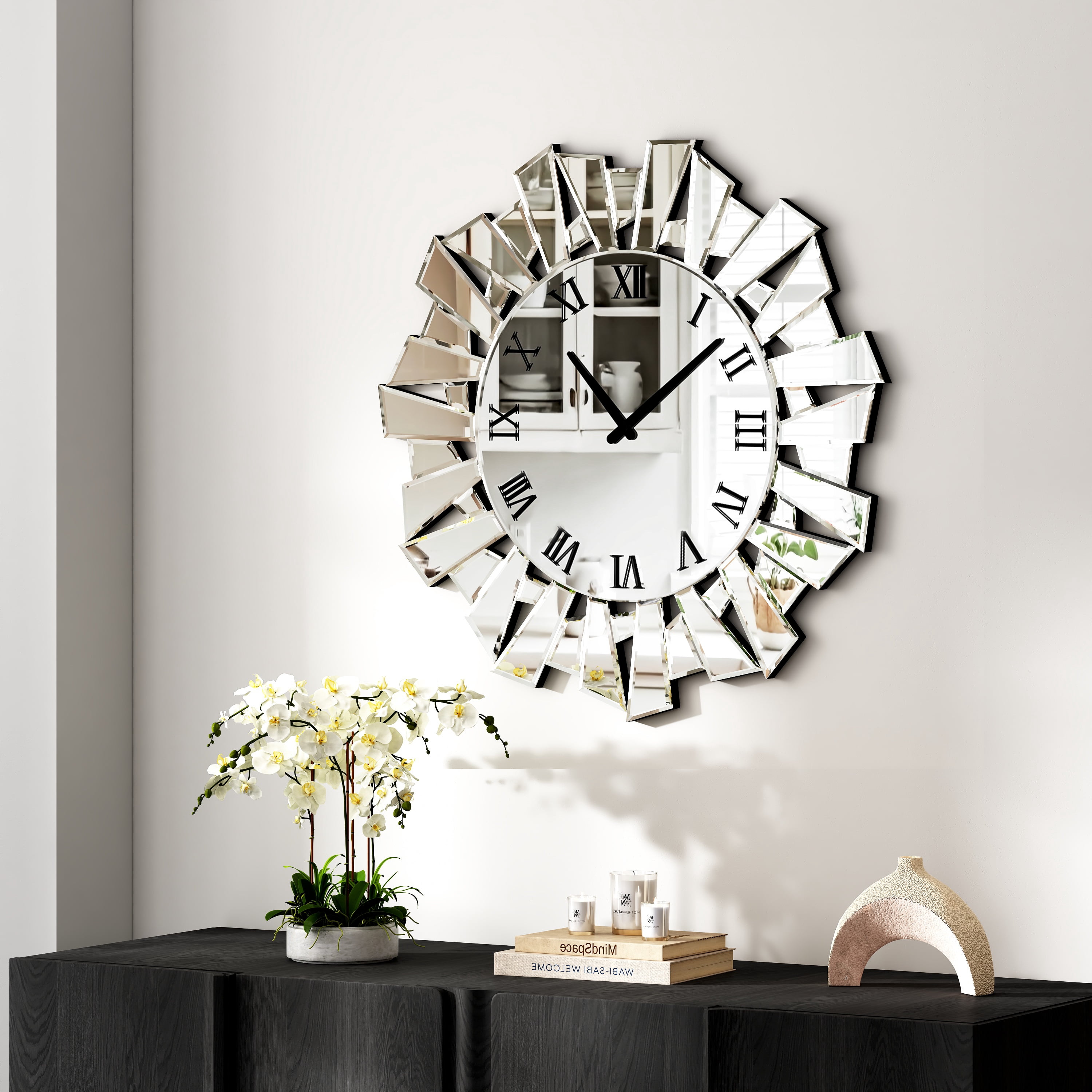 SHYFOY Modern Silver Glass Wall Clock Accent Clocks for Living Room