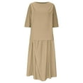 thumbnail image 4 of NaWent Cotton Linen Skirt 2 Piece Set Clearance Women's Summer Solid Round Neck 3/4 Sleeve Tops Skirt Suit Khaki M, 4 of 6