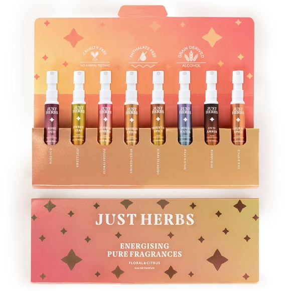 Just Herbs Fragrances Pures Énergisantes Florales & Agrumes Ensemble d'Essai pour Hommes & Femmes Lot de 8 X 3ml - 0.1 Fl.oz. Chaque / Eau de Parfum Fragrances Unisexes Longue Durée - Parfum de Poche Pratique pour Voyager