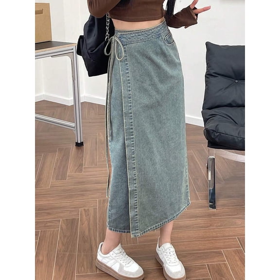 Womens Wrap Tie Denim Skirt Blue Mid-Length Casual Style