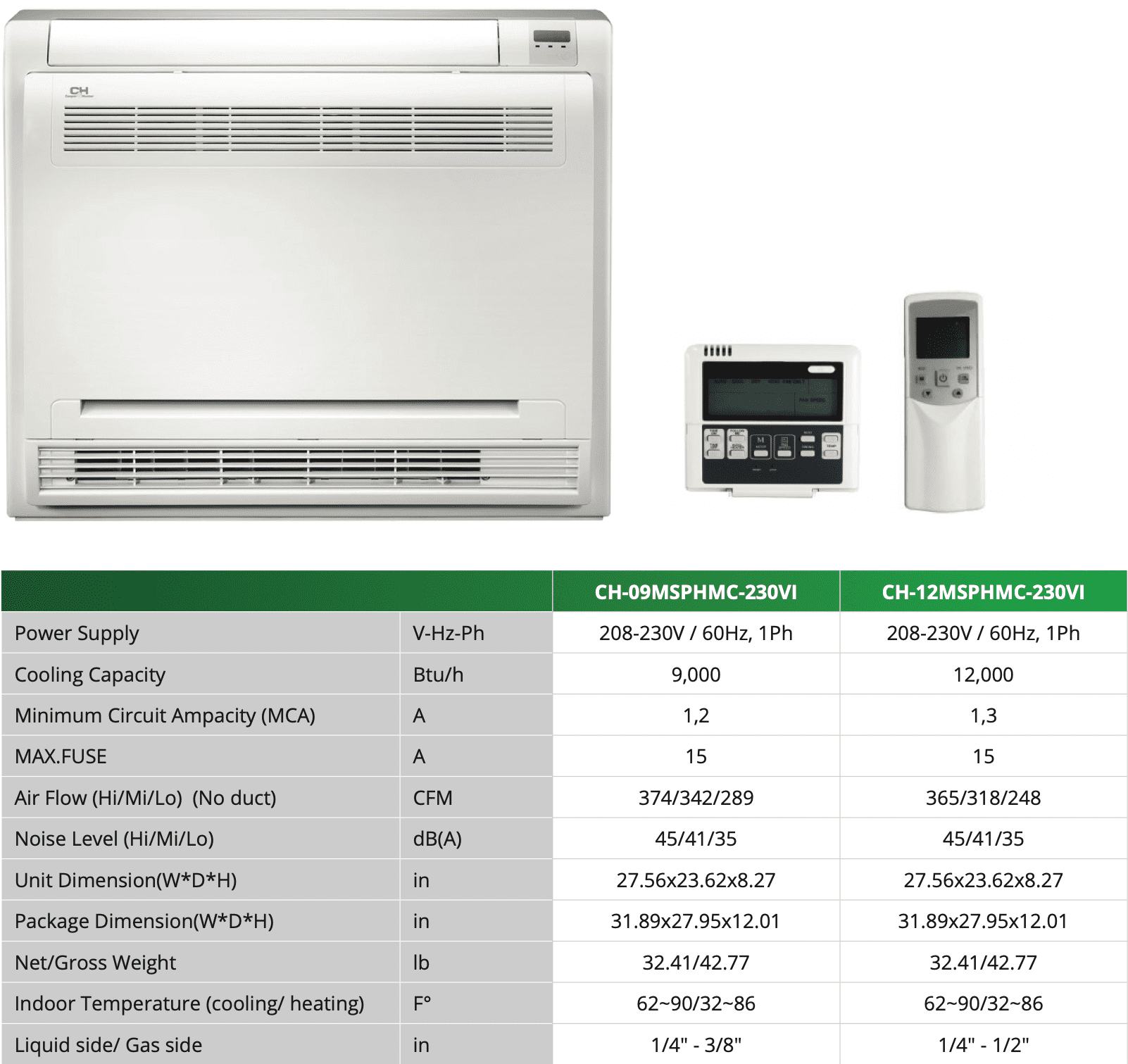 Cooper & Hunter 12000 BTU 230V Mini Floor Console Mini Split Heat Pump Air Conditioner With 16ft Kit Cover 550 Sq Ft WiFi
