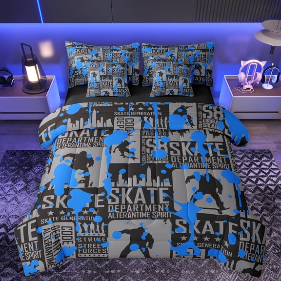 Manfei Skate Gamer 7-Piece Twin Bedding Sets,Blue Splashing Ink Bedding Comforter Set,Vintage Geometric Plaid Sheet Sets For Boys Teens,Ultra Soft Home Decor Reversible