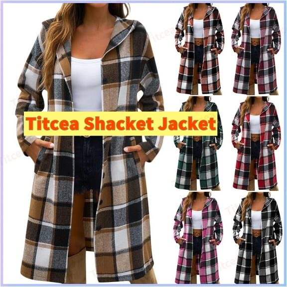 Titcea Womens Plaid Shacket Jacket Fall Fashion Hooded Button Up Flannel Shirt Winter Clothing Long Woolen Coats(S-2XL)