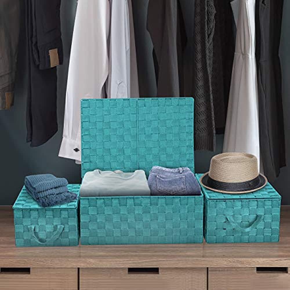 Sorbus Storage Box Woven Basket Bin Container Tote Cube Organizer Set Stackable Storage Basket Woven Strap Shelf Organizer Built-in Carry Handles (Woven Lid Baskets - Aqua)