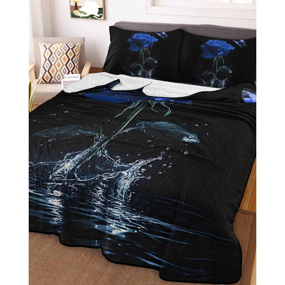 Blue Roses Twin Size Down Alternative Comforter, Lightweight Comforter Quilt Bedding Set with Pillow Shams Modern Art Splash Flowers Butterfly All Seasons Bed Comforter Duvet Insert 68"x86"