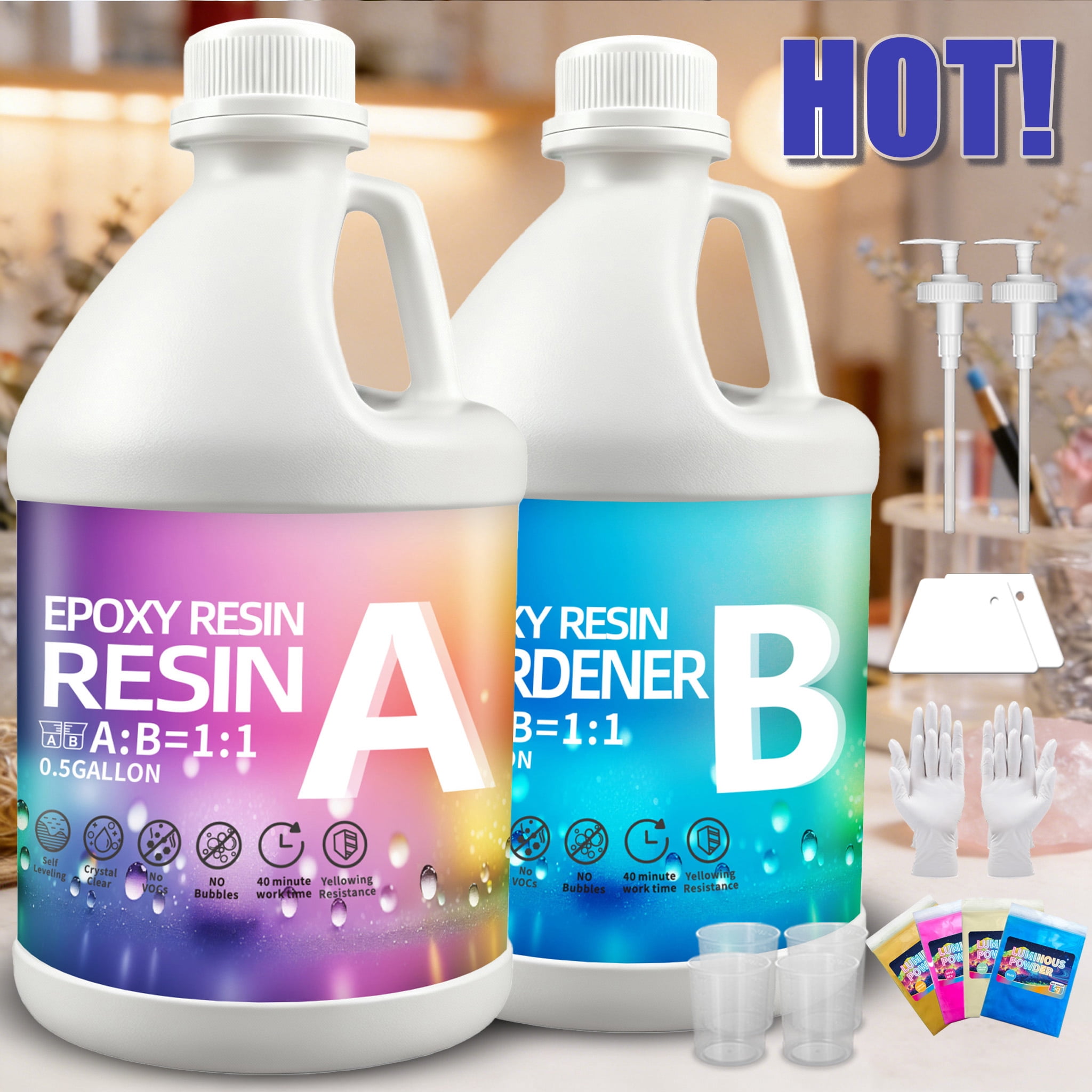 Crystal Clear Epoxy Resin Kit 1GAL - 1:1 Mixing Ratio, Bubble Free & Anti-Yellowing - High Gloss Casting & Coating Resin for Jewelry, River Tables, Bar Top, Countertops & Wood