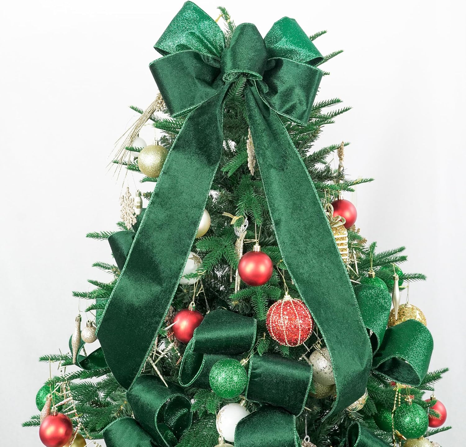 Velvet Wired Ribbon 4 Inch Forest Green Christmas Tree Double-Sided Glitter Wire for Wreaths, Tree Top Bows, Garland, Staircases, Decor Crafts - 10 Yards