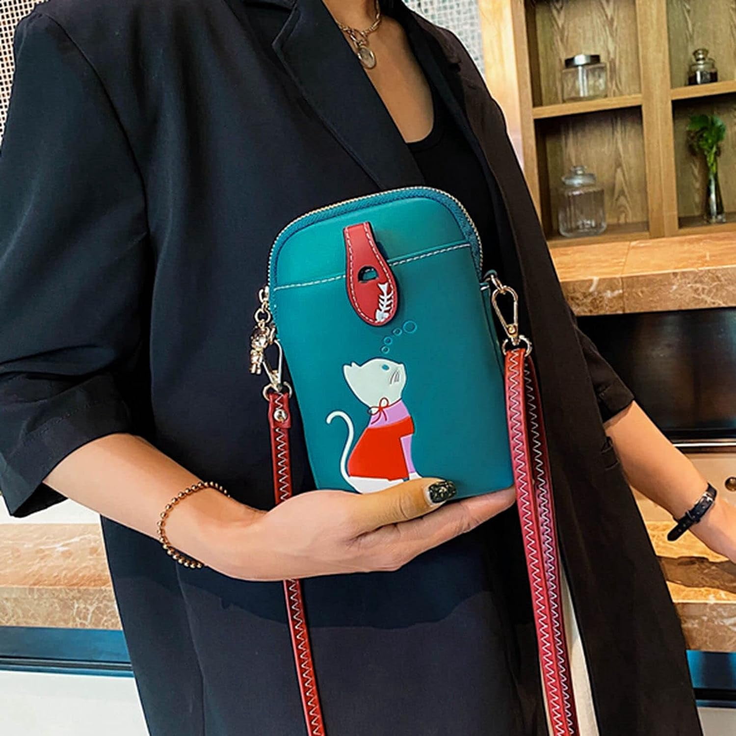 Small Crossbody Phone Bag for Women Leather Cute Cat Cellphone Purse Shoulder Bags PU Wallet