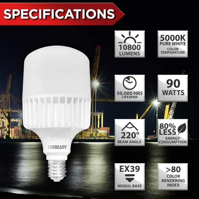 EVEREADY Led Light Bulbs E39 150 Watts Equivalent 90W Led Bulb 10800 Lumen 5000K Daylight Color Non Dimmable High Bay Mogul Base Replacement