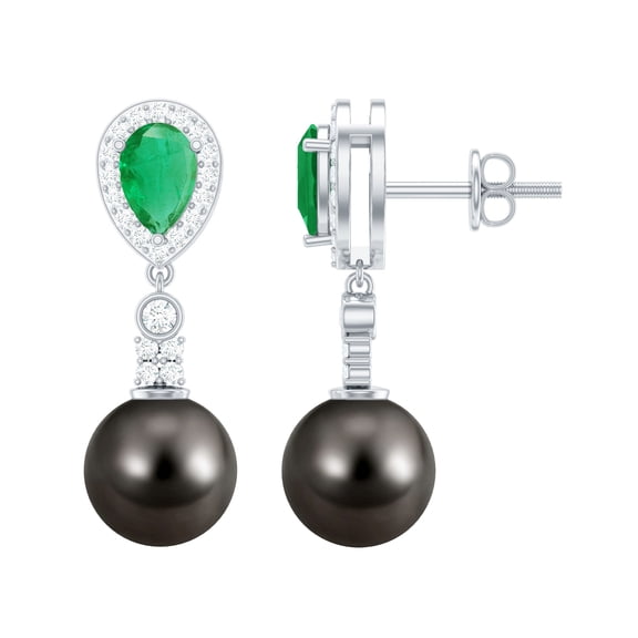 Rosec Jewels Cultured Black Tahitian Pearl Drop Earrings with Emerald and Diamond, 925 Sterling Silver
