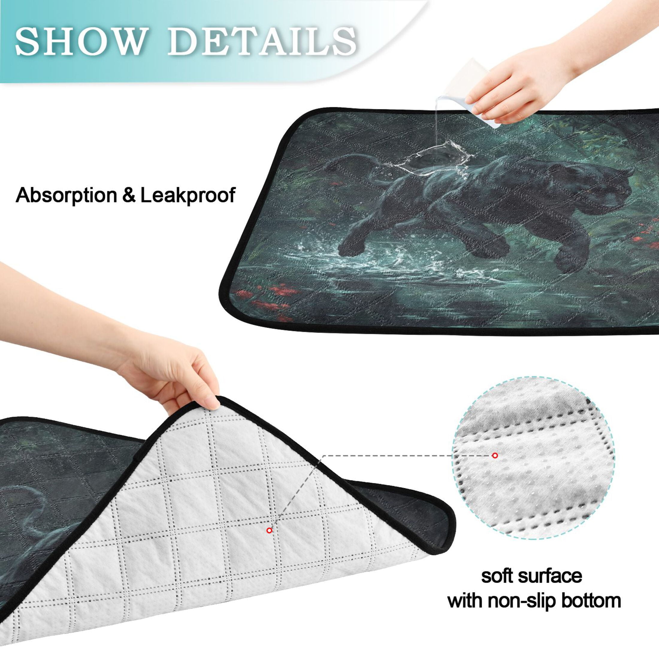 Qxltty Black Panther Leaping over Water Cat litter Pads Pet Set of 3 Diaper Mats Center Anti-leakage Layer Absorbent Soft and Comfortable