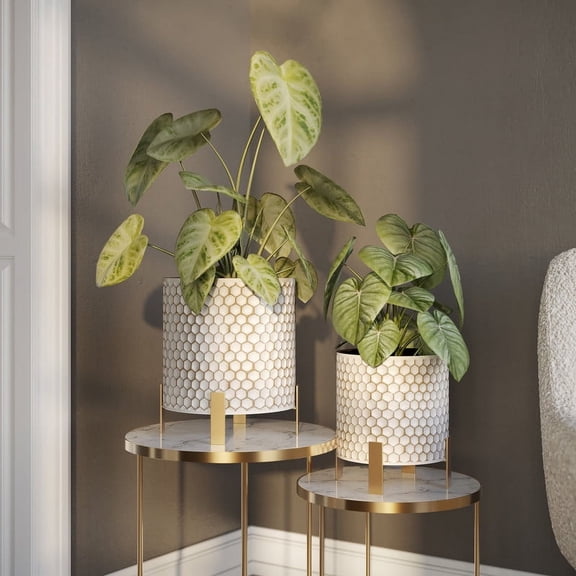 2-Piece Honeycomb Metal Planter Pot With 4-Leg Gold Metal Base - White & Gold - 12"H x 11"W / 10"H x 9"W
