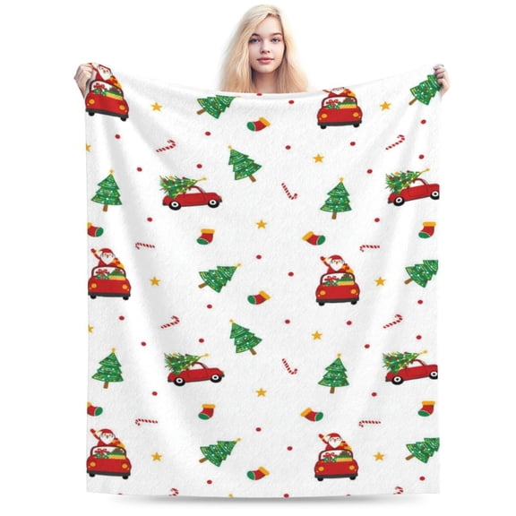 Christmas Blanket - White Holiday Throw with Santa Claus & Snowman - Warm Cozy Fleece Winter Blanket 50x40