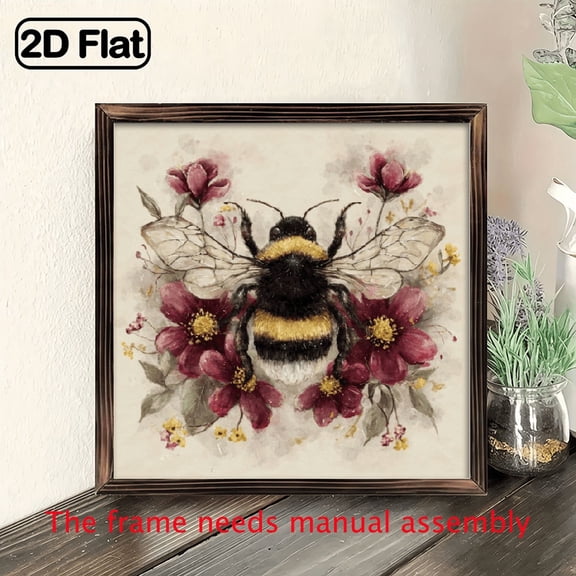2D Flat 1pc 8 Inch Summer Bee Floral Wall Art with Wooden Frame - Vibrant Watercolor Design on White Background, Perfect for Living Room, Kitchen, Bedroom, Laundry, or Bathroom Decor
