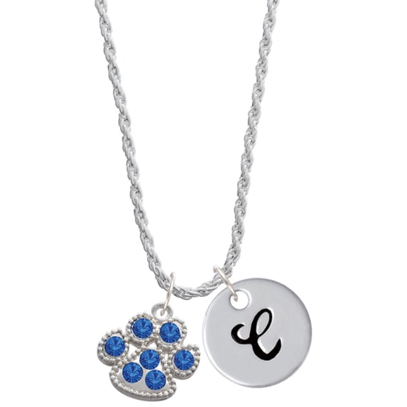 Delight Jewelry Silvertone Large Paw with Blue Crystals Silvertone Script Initial Disc - C - Charm Necklace, 20"+3"