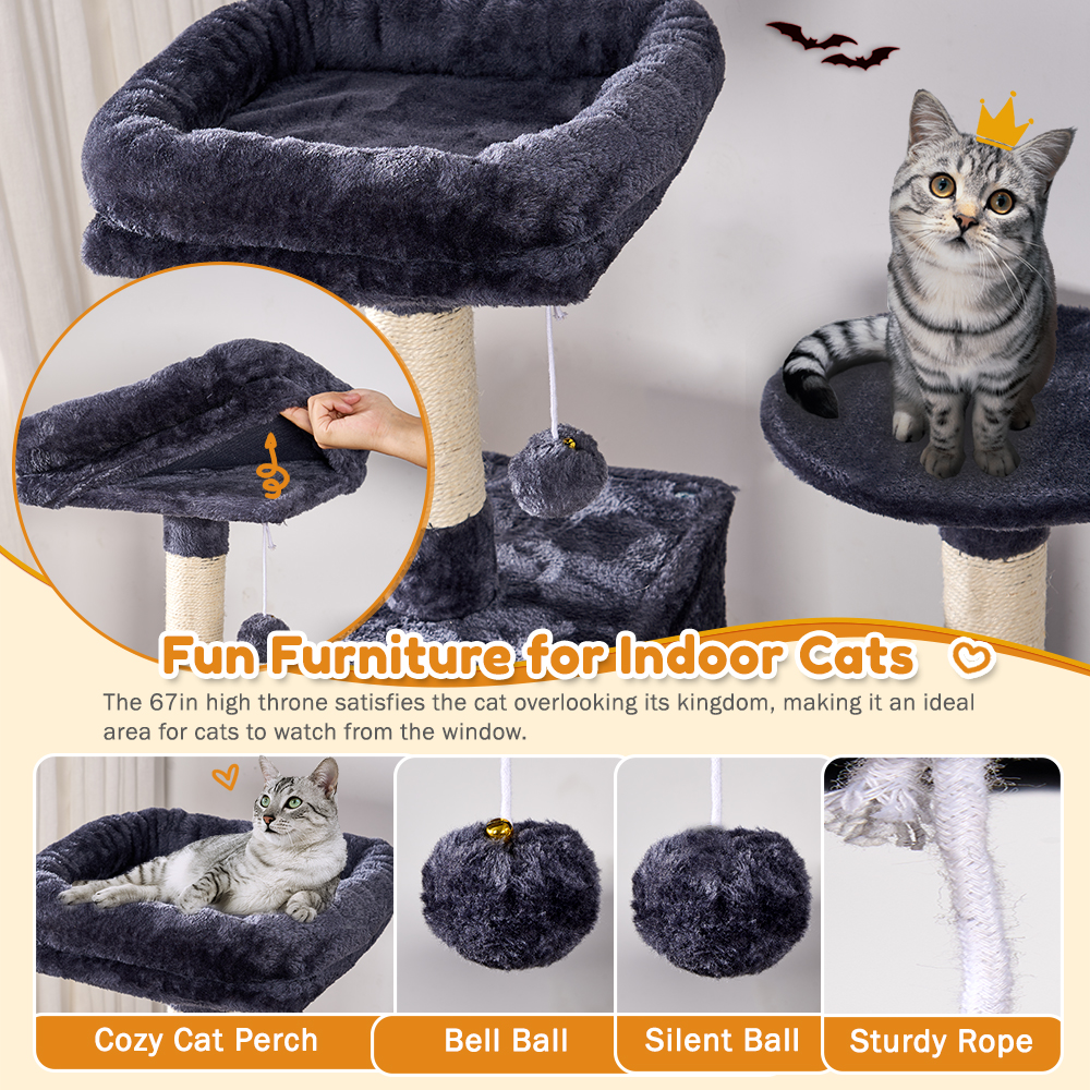 Senbonry 67in Heavy Duty Cat Tree for Indoor Cats Large Adult,Tall Cat Climbing Tower with Hammock,Sisal Scratching Post,Basket,Removable Perch,Condo,Dark Gray