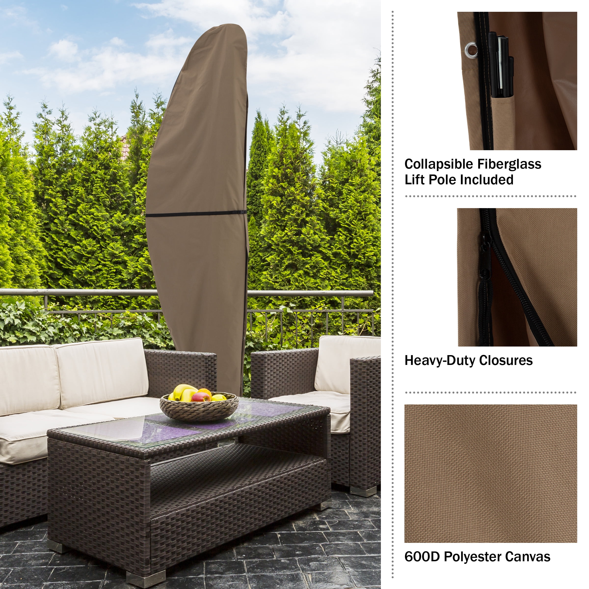 Pure Garden Offset Patio Umbrella Cover with Pole, Waterproof 600D Canvas, Fits 11.5ft Umbrellas, Tan