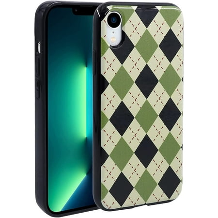 Phone Case for iPhone XR, Kawaii TPU Bumpers Back Phone Cover for iPhone XR (6.1 inch), Women Girl Cute Protective Cases Slim Cover, Green Diamond Grid