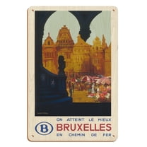 Brussels Belgium - Is Reached Best by Railway - The Grand Place - Vintage Travel Poster by Frank H. Mason c.1930 - 8 x 12 inch Vintage Wood Art Sign