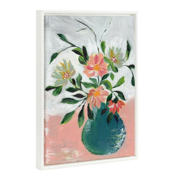 Kate and Laurel Sylvie Beaded Wild Blooms Vintage Framed Canvas Wall Art by Nikita Jariwala, 18x24 White, Soft Flower Painting Art for Wall