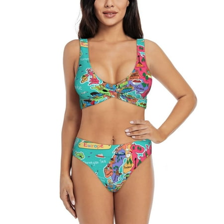 Zeuib Cartoon Map Of Europe High Waisted Tummy Control Bikini Set - Knot Front Push Up Top & Cheeky Thong Bottom  Two-Piece Swimsuit for Women-Small