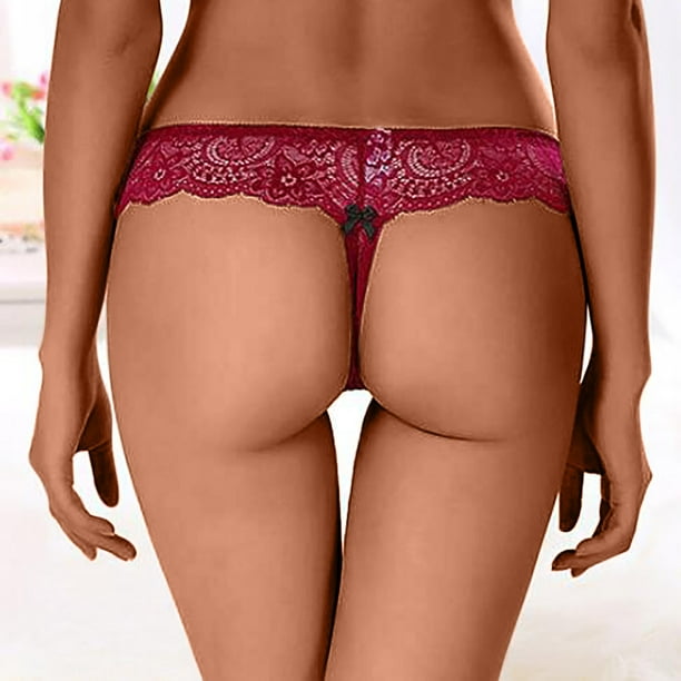 Women Faux Satin Silk Thong Panties Lingerie Cute Lace G-String Briefs  Underwear