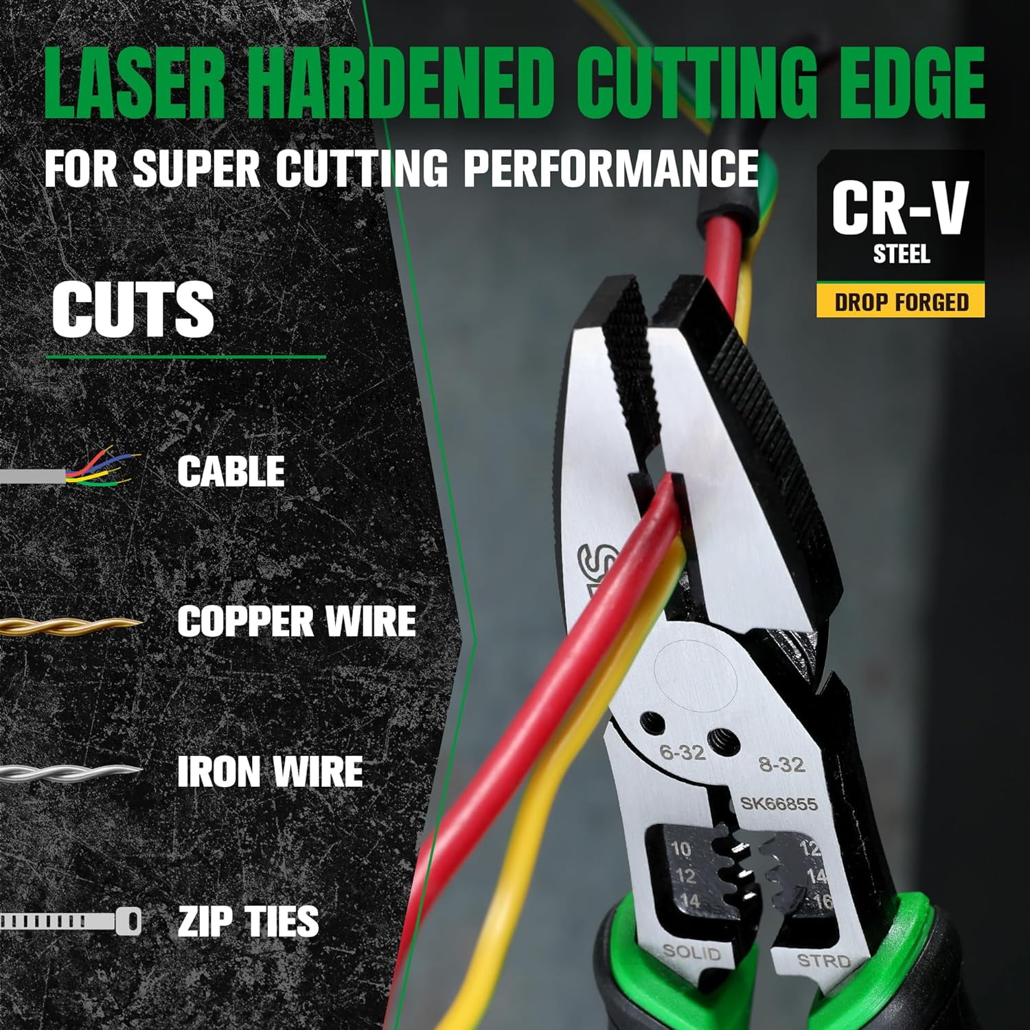 SK 8-Inch Multi-use Linesman Pliers, 6 IN 1, Premium CR-V Steel Construction, Ergonomic Non-slip Handle for Comfortable Grip
