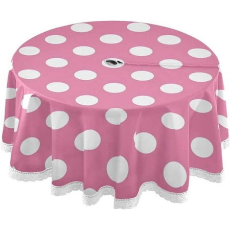 

Hyjoy Pink Polka Dot Outdoor Round Tablecloth Waterproof Stain-Resistant Non-Slip Circular Tablecloth 60 Inch with Umbrella Hole and Zipper for Tabletop Backyard Party BBQ Decor