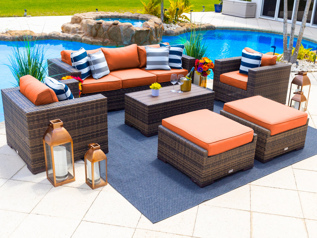 Sorrento 6-Piece L Resin Wicker Outdoor Patio Furniture Lounge Sofa Set in Brown w/ Three-seat Sofa, Two Armchairs, Two Ottomans, and Coffee Table (Flat-Wicker Brown Wicker, Sunbrella Canvas Tuscan) - image 1 of 5
