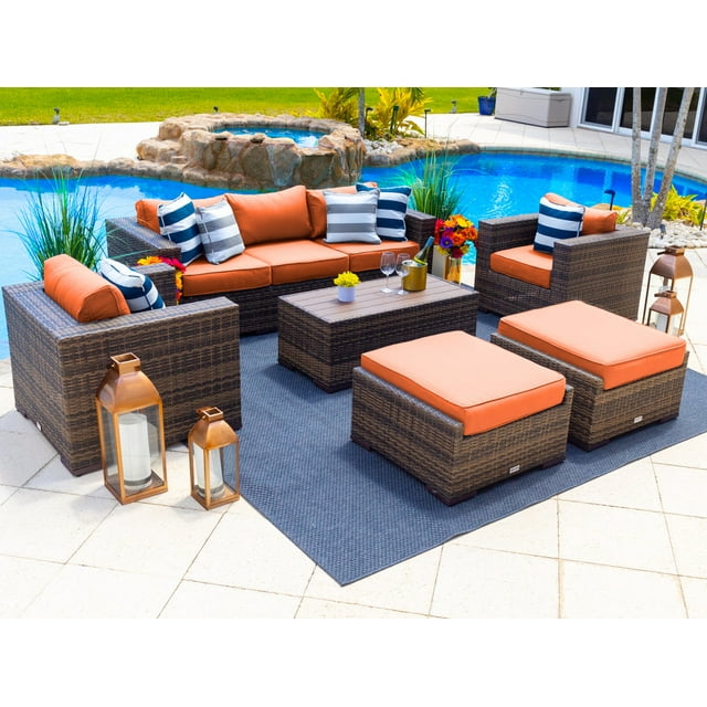 Sorrento 6-Piece L Resin Wicker Outdoor Patio Furniture Lounge Sofa Set in Brown w/ Three-seat Sofa, Two Armchairs, Two Ottomans, and Coffee Table (Flat-Wicker Brown Wicker, Sunbrella Canvas Tuscan)