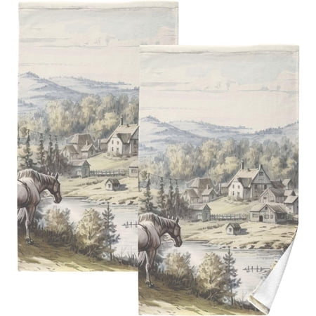 Coolnut Village with Horses Hand Towels Set of 2 Pack - 16 x 28 Inches Extra Absorbent Pure Cotton Towels, Super Soft Hand Towel for Bathroom, Hotel, Kitchen, Gym