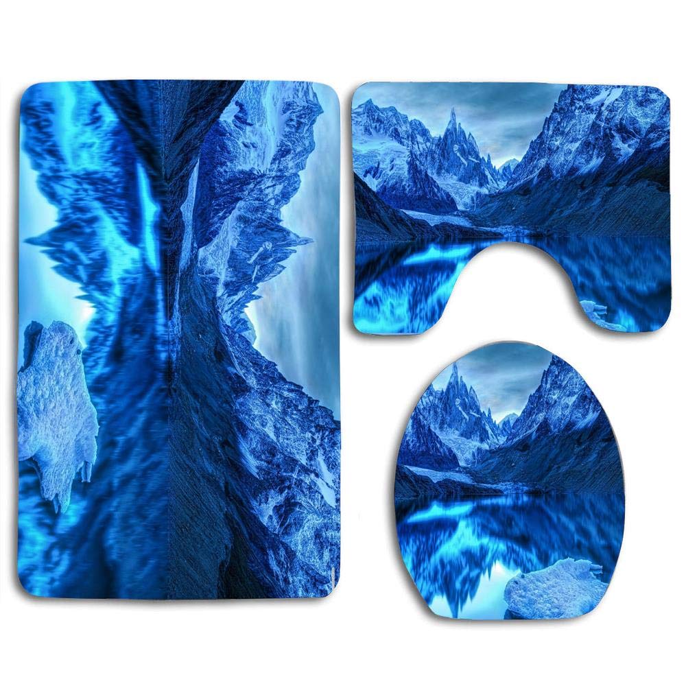 CHAPLLE Blue and White Ice World 3 Piece Bathroom Rugs Set Bath Rug Contour Mat and Toilet Lid
