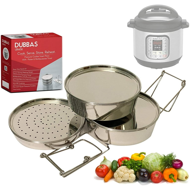 Dubbas 3 Tier Stacking Insert Pans Steamer For 6 Qt Instant Pot Cooker PIP w Lids Plates Multipurpose Trivet Sling to Cook Serve Store