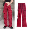 thumbnail image 5 of Gibobby Pantalones de mezclilla tipo cargo para mujer Pantalones cargo sueltos de calle con cintura elástica diaria para mujer Pantalones con bolsillos(Rojo,XL), 5 of 5