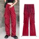 thumbnail image 5 of Gibobby Pantalones de mezclilla tipo cargo para mujer Pantalones cargo sueltos de calle con cintura elástica diaria para mujer Pantalones con bolsillos(Rojo,G), 5 of 5