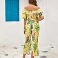 thumbnail image 6 of Usmixi Jumpsuits for Women Dressy Beach Vacation Elastic Waist off Shoulder Jumpsuits Overalls with Tie Summer Square Neck Short Sleeve Leaves Print Long Formal Rompers Yellow m, 6 of 6