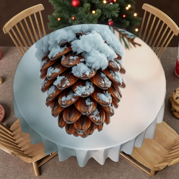 RKSupls 60 Inch Round Tablecloth, Winter Snow Pinecone Polyester Table Cover - Soft, Stain Resistant & Washable Decor for Wedding, Party, Holiday, Home Dining