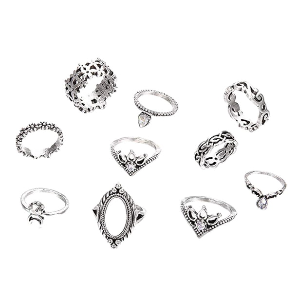 Anillos de plata de la pila Anillos Conjunto de cristal de la vendimia por encima de las mujeres Bohemio Accesorio