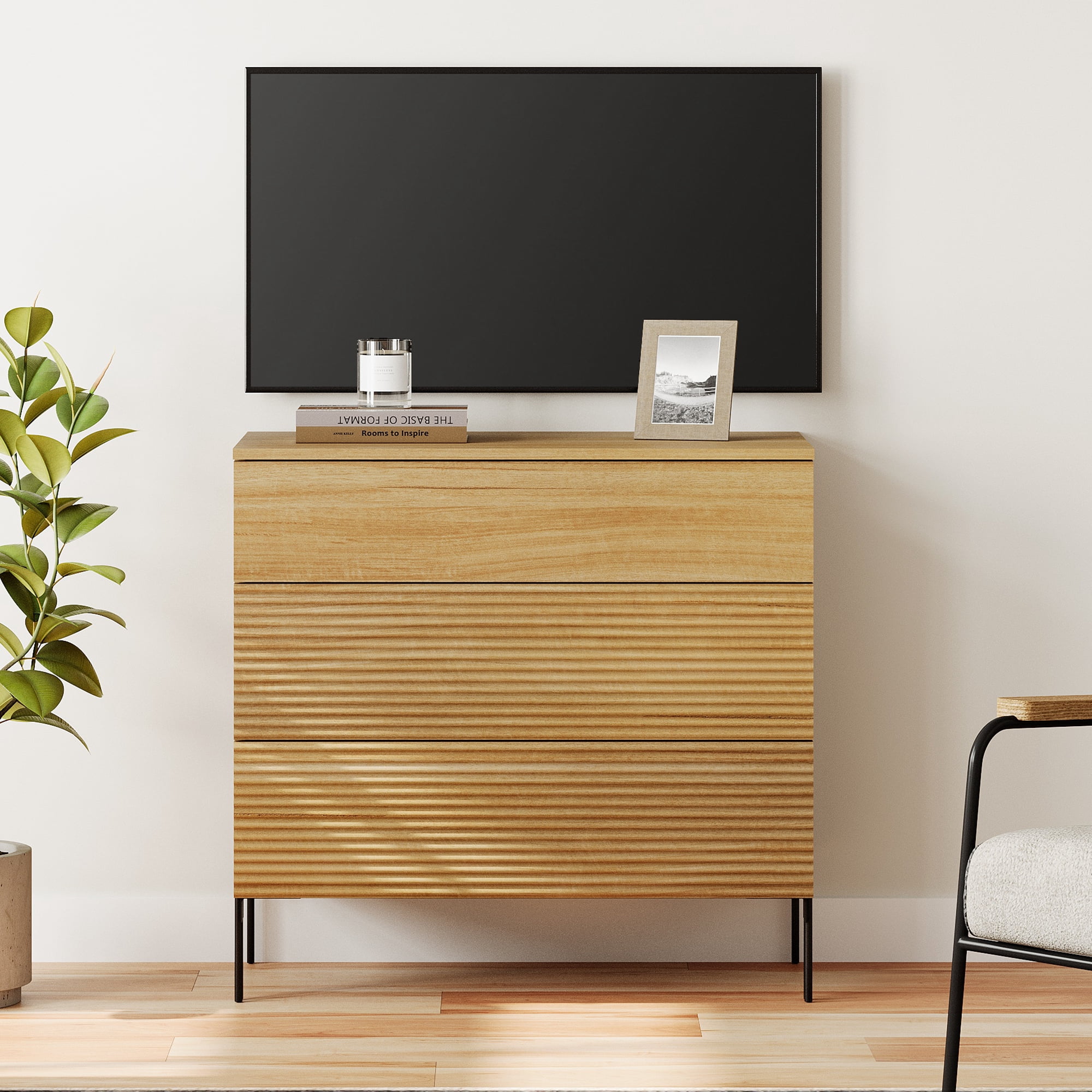 WAMPAT 31.5" Modern TV Stand for TVs up to 45 Inch, Fluted Wood Media Console with 3 Drawers, Push-to-Open Storage Cabinet for Living Room