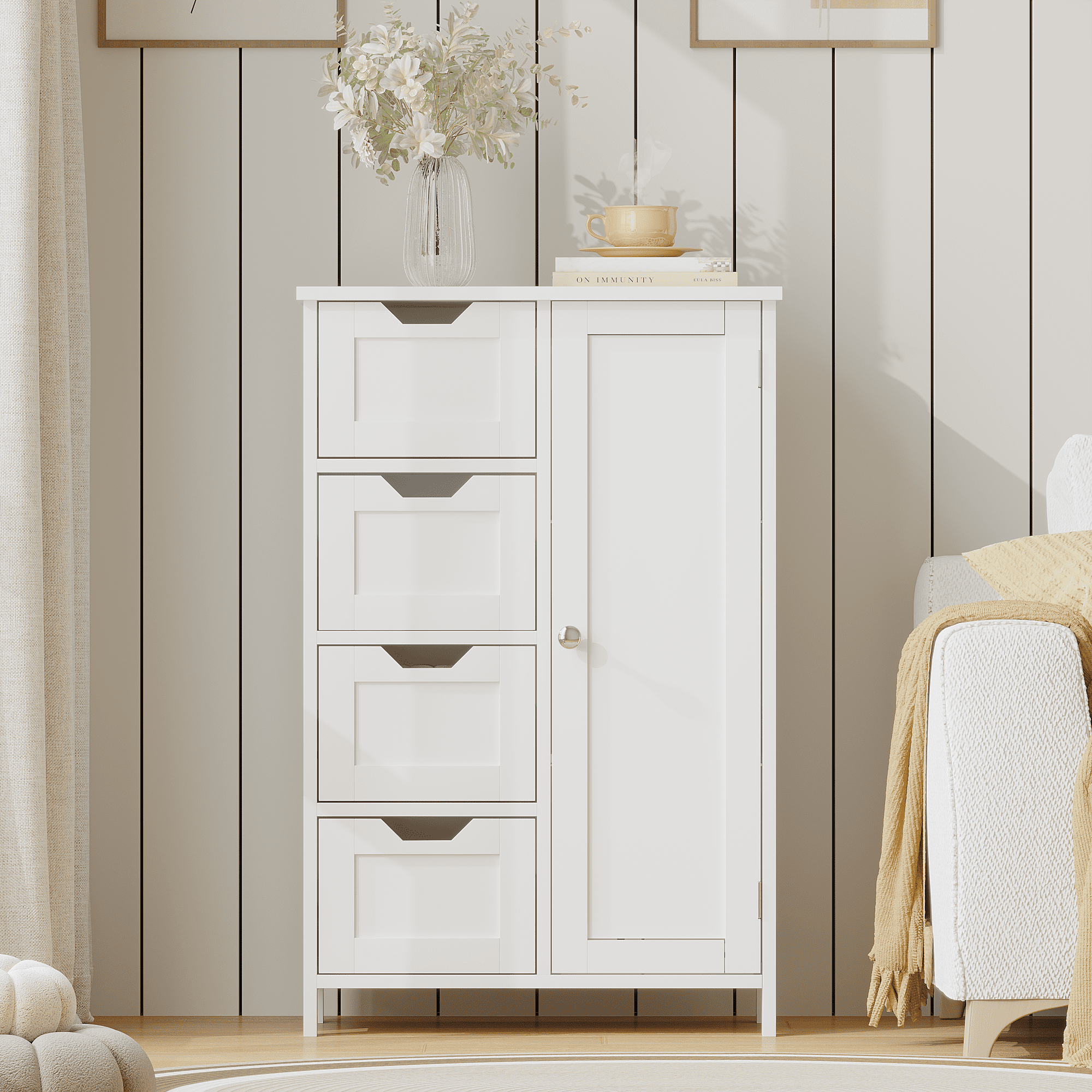 Mintazer Bathroom Floor Cabinet with Adjustable Shelf & 4 Drawer and Door, Freestanding Storage Cabinet for Bathroom & Hallway, White