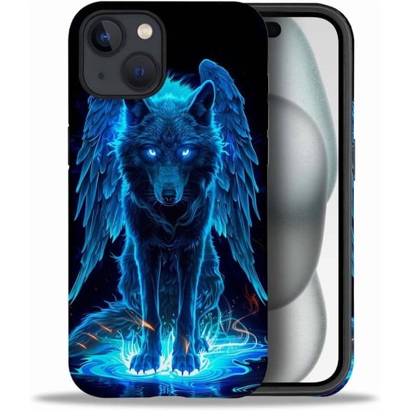 Compatible with iPhone 13 Case, The Blue Glowing Wolf Case for Case Soft TPU Hard PC 2-in-1, Anti-Scratch Soft TPU Shockproof Unique Protective Cover Pattern Design