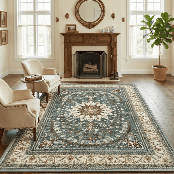 WANLISELL 6' x 9' Area Rugs for Living Room, Washable Vintage Floral Rug Indoor Large Carpets for Bedroom, Dining Room, Home Office, Playroom, Green & Brown