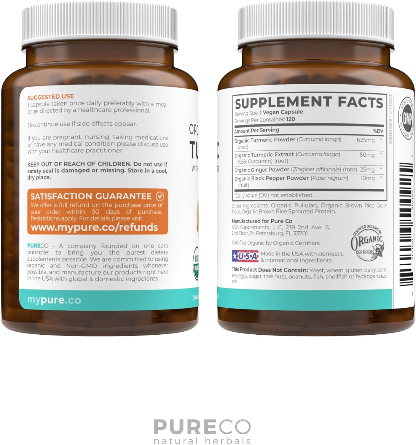 Pure Co Organic Turmeric Curcumin Supplement with Black Pepper and Ginger, 120 Capsules