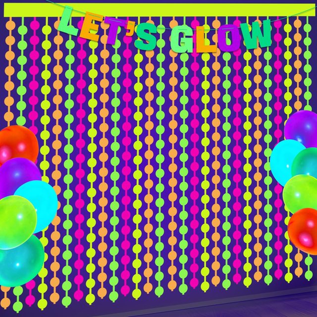 Neon Party Decorations - 2 Pcs Colorful Fluorescent Circle Tinsel Curtains Neon Streamers for Glow in The Dark Party Supplies Photo Booth Prop Backdrop Streamer