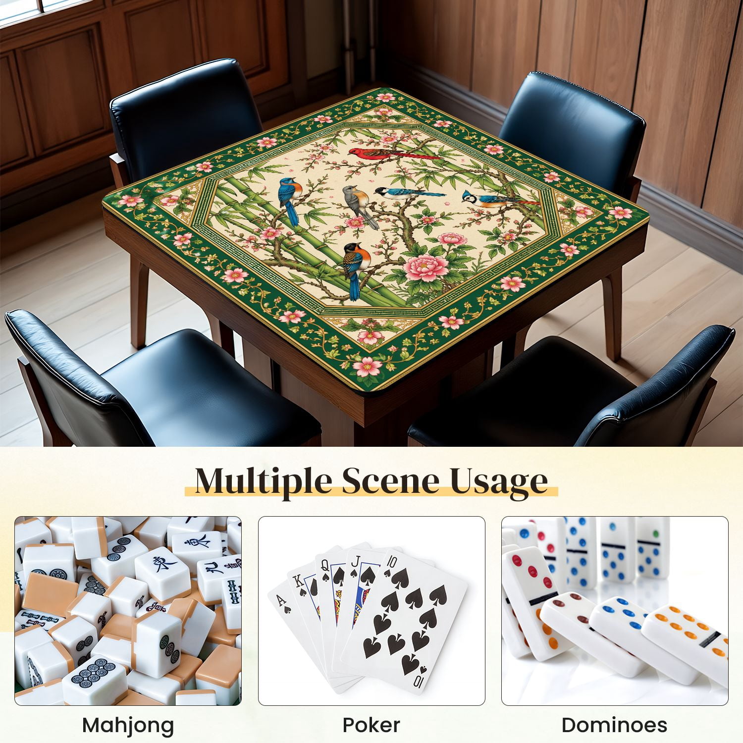Mahjong Mat 31.5" x 31.5" Ornamental Birds Floral Bamboo Green Frame Non-Slip Noise Reduction Mahjong Tiles Table Cover for Dominoes Poker Card Board and Tile Games