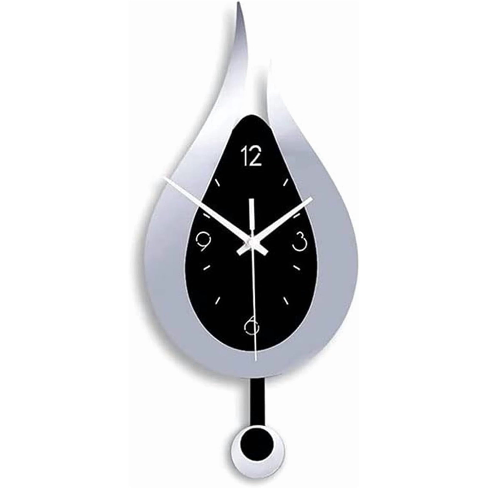 20.4 Inch Large Silent Modern Decoration Wall Clock with Pendulum Arabic Numerals Water Drop Battery Operation for Home Living Room Bedroom(Silver+Black)